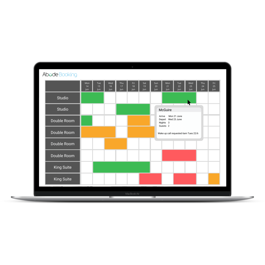 Stylised representation of Abode PMS Calendar screen.