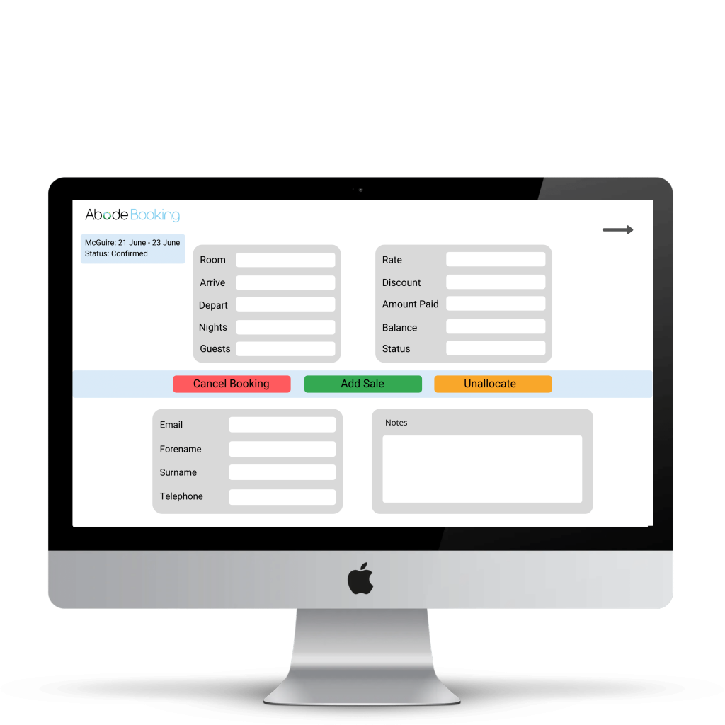 Stylised representation of Abode PMS Reservation Screen