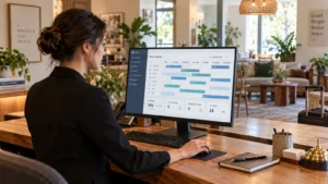 Property manager reviewing a channel manager room calendar at a hotel front desk